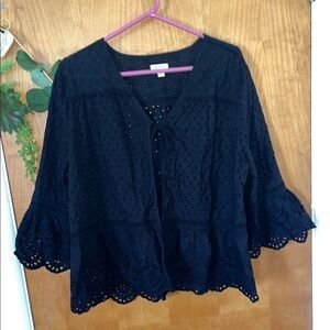 Westport Open Front tie Black eyelet Cardigan Jacket Top Bell Sleeve Womens XL